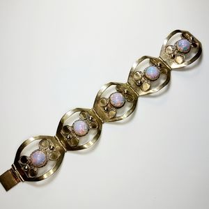 Vintage Sterling Silver Opalescent Glass Bracelet Stunning Pink Purple Cabochons